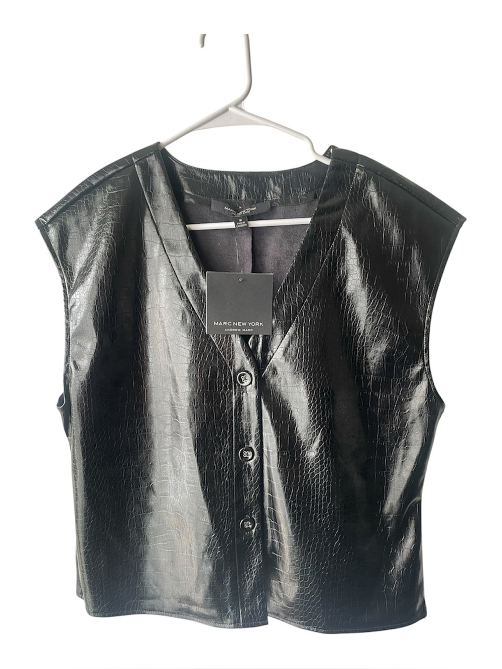 Marc New York Black Faux Leather Croc-Embossed Button-Front Top
